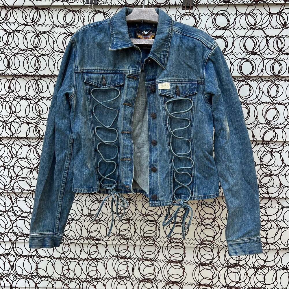 Y2K Harley Davidson Bomber Jean Jacket Lace Up Corset Style LARGE